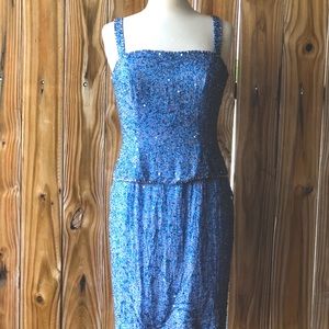 Vintage Two Piece Beaded Blue Evening Dress